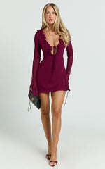 Alesya Mini Dress - Ruffle Plunge Neck Long Sleeve Tie Detail Dress in Wine