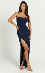 Oriella Maxi Dress - Panelled Thigh Split Strapless Dress in Navy