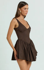 Ashlyn Mini Dress - Scoop Neck V Waist Gathered Dress in Chocolate