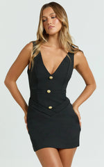 Indigo Mini Dress - Wide Strap Deep V Hardware Detail Button Front Dress in Black