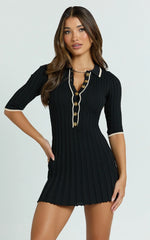 Lada Mini Dress - Short Sleeve Button Front Knit Dress in Black