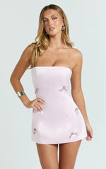 Alina Mini Dress - Strapless Diamonte Bow A Line Dress in Pink