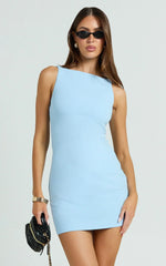 Bindi Boat Neck Bodycon Mini Dress in Blue