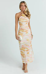 Nessa Midi Dress - Halterneck Ruched Fitted Shell Trim Fitted Mesh Print Dress in Ocean Foam Print