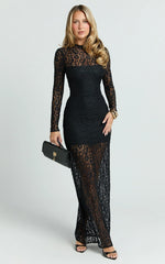 Andrea Maxi Dress - Lace High Neck Long Sleeve Dress in Black