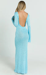 Inez Maxi Dress - High Neck Long Sleeve Scoop Back Sequin Open Knit Column Dress in Light Blue