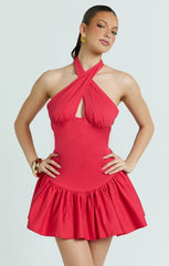 Belle Mini Dress - Keyhole Halter Top Dress in Red