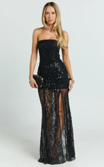Ines Maxi Dress - Strapless Sequin Fit And Flare Dress in Black