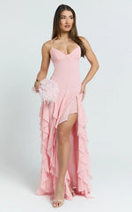 Maeve Maxi Dress - V Neck Ruffle Tier Slip Dress in Pink