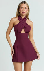 Narcisa Mini Dress - Twist Neck Keyhole A Line Dress in Wine