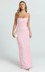 Clara Maxi Dress - Scoop Neck Tie Back Fitted Sequin Dress in Pink