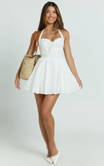 Jaclyn Mini Dress - Embroidered Sweetheart Halter Fit And Flare Full Skirt Dress in White