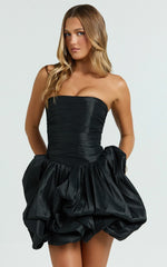 Deb Mini Dress - Ruched Strapless Bubble Hem Dress in Black