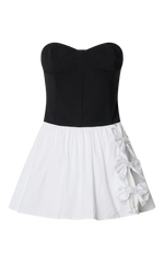 Adelita Mini Dress - Strapless Contrast Colour Bodice Gathered Poplin Skirt Dress in Black