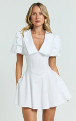 Lucy Mini Dress - Deep V Oversized  Collar Puff Sleeve A Line Dress in White