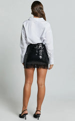 Paris Mini Skirt - Sequin Fringe High Waisted Skirt in Black