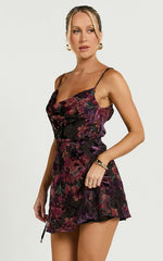 Mariana Mini Dress - Cowl Neck Drawstring Waist Slip Dress in Burn Out Floral