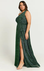 Isra Maxi Dress - Lurex Slit Cut Out One Shoulder Dress in Emerald