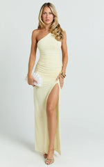 Georgia Maxi Dress - Mesh One Shoulder Ruched Bodycon Dress in Lemon