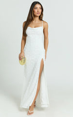 Mimi Maxi Dress - Embroidered Cowl Neck High Split Dress in White