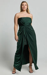 Hathaway Maxi Dress - Strapless Straight Neck Twist Front Split in Emerald