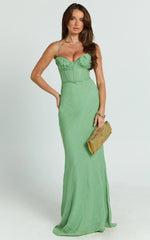 Jameela Maxi Dress - Strappy Sweetheart Neck Gathered Tie Back Dress in Green