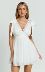 Karalyn Mini Dress - Bow Strap Plunge Pearl Detail Dress in White