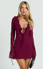 Alesya Mini Dress - Ruffle Plunge Neck Long Sleeve Tie Detail Dress in Wine