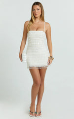 Aria Mini Dress - Beaded Pearl Fringe A Line Dress in Ivory