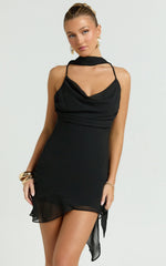 Katarina Mini Dress - Cowl Neck Low Back Asymmetric Hem Dress in Black