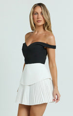 Izara Mini Dress - Off Shoulder Pleated Dress in Black/White