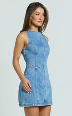 Olenna Mini Dress - High Neck Fitted Denim Dress in Mid Blue Wash