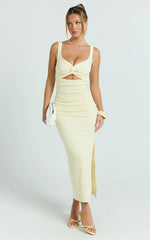 Bianca Midi Dress - Twist Front Cut Out Ruched Dress in Lemon