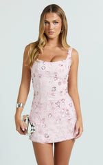 Bec Mini Dress - Embroidered Floral Sequin Corset Panel Dress in Pink