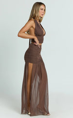 Ray Maxi Skirt - Mesh Ruched Side Split Maxi Skirt in Chocolate