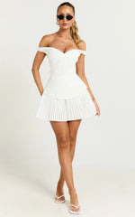 Izara Mini Dress - Off Shoulder Pleated Dress in Off White