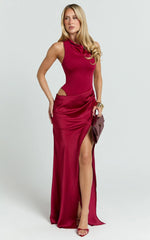 Pepper Maxi Dress - High Neck Bodysuit with Draped Skirt in Cherry