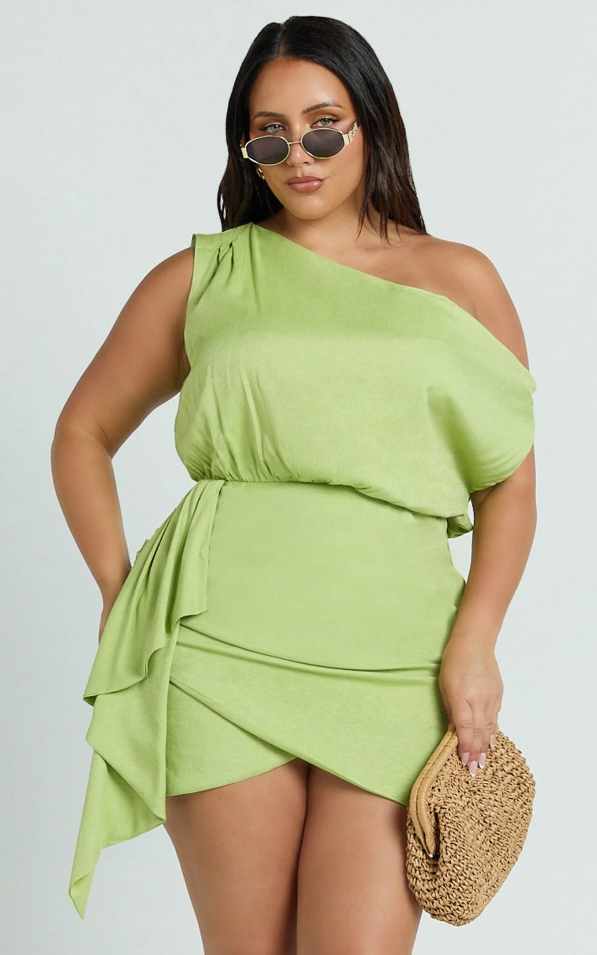 Niana Mini Dress - Drape One Shoulder Dress in Green