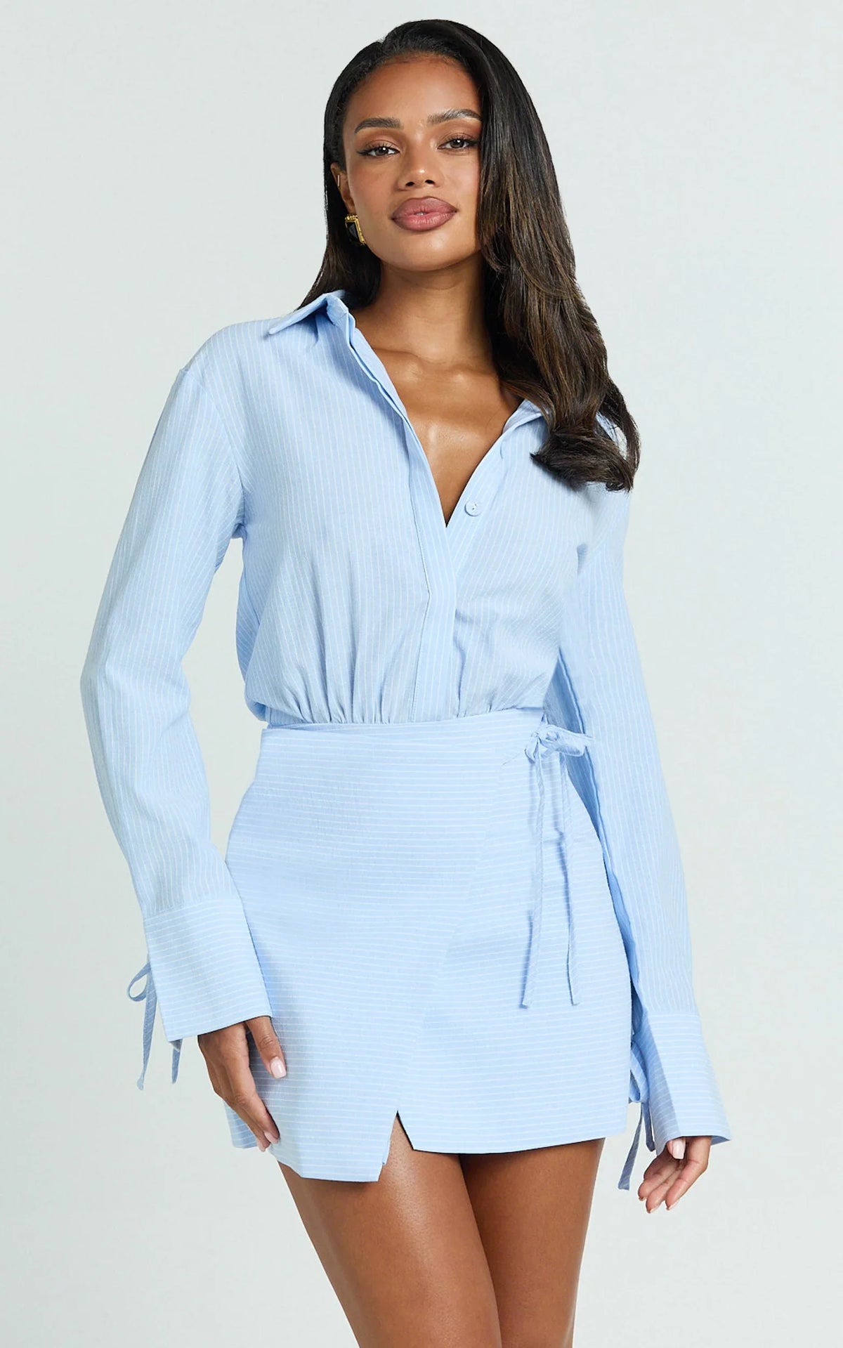 Heath Mini Dress - Pinstripe Collared Button Up Shirt Dress in Blue