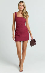 Eugenia Mini Dress - Square Neck Bodycon Dress in Burgundy