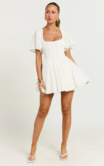 Edelyn Mini Dress - Corset Front Gathered Dress in White