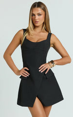 Rachel Midi Dress - Square Scoop Neck Buckle Pocket Leg Split Knee Length Dress in Black