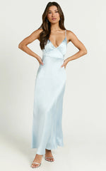 Lorenzia Maxi Dress - Plunge Corset Underbust Detail Satin Dress in Light Blue