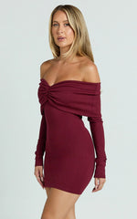 Rani Mini Dress - Off Shoulder Long Sleeve Bodycon Dress in Wine