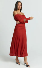 Perla Maxi Dress - Off The Shoulder Sleeve Drop Waist Dress in Red