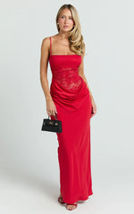 Rania Maxi Dress - Contrast Lace Bodice Bias Cowl Drop Waist Dress in Red