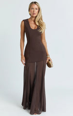 Frances Maxi Dress - Contrast U Neck Godet A Line Dress in Chocolate