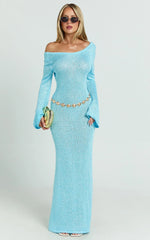 Inez Maxi Dress - High Neck Long Sleeve Scoop Back Sequin Open Knit Column Dress in Light Blue