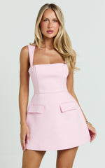 Garrett Mini Dress - Square Neck Fit And Flare Dress in Pink