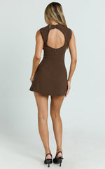 Langley Mini Dress - Sleeveless High Neck Faux Wrap Tulip Dress in Brown